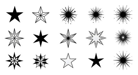 A versatile assortment of starburst and star icons in black and white, including various radiating, outlined, and filled designs, ideal for creative projects, branding, and digital illustrations.

