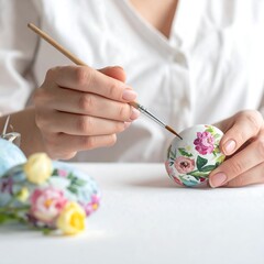 Woman Painting Easter Egg with Flowers.