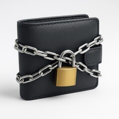 Securely chained wallet with padlock on a plain background