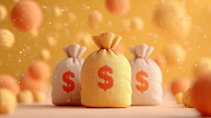 Money bags on a yellow background with floating spheres representing finance and wealth
