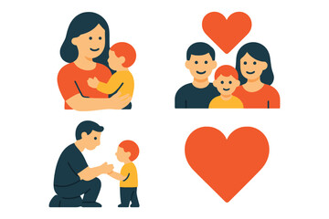 Fototapeta premium Set of flat design illustrations depicting family love and connection with hearts