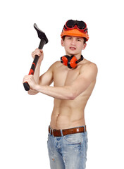 Man in safety gear holding an axe