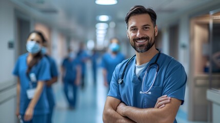 Obraz premium Smiling Male Doctor in Blue Scrubs Posing Confidently in Busy Hospital Corridor with Medical Staff in Background
