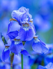 Beautiful Blue Iris Blossoms in Garden.