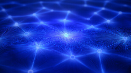Blue digital network lines glowing like neurons across a dark background, representing connection, technology, and communication with copy space.