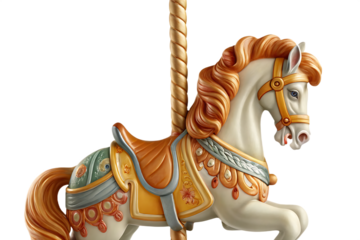 a plastic horse of a carousel isolated on white background, png, ai generated