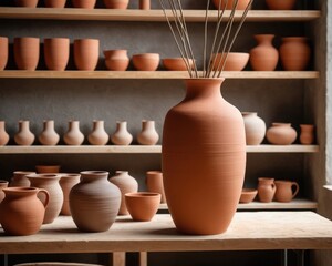 3D printer, ceramic 3D printer crafting vase in pottery studio, clay extrusion close-up, terracotta textures, rustic shelves with tools, studio creative workspace.