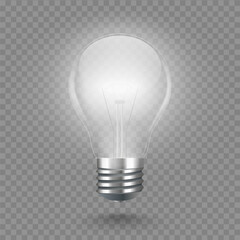 Realistic light bulb on transparent background with light and glow effect. Symbol of creativity and idea. Vector illustration