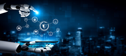 Fototapeta premium AI artificial intelligence strengthens cybersecurity with intelligent threat detection, virtual assistant alerts, and proactive protection agAI artificial intelligencenst digital breaches. Vouch