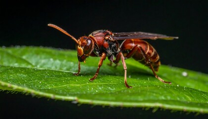Close-up of a reddish-brown wasp on a green leaf