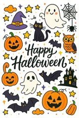 Happy halloween greeting card with pumpkins, bats, ghosts, and other elements.