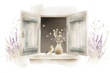 Window with open wooden shutters in a cottagecore style aesthetic. Isolated illustration. Bird and Vase with wildflowers on the windowsill. 