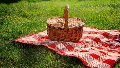 Red And White Checkered Picnic Blanket On Green Grass With A Wicker Basket Perfect For A Summer Picnic