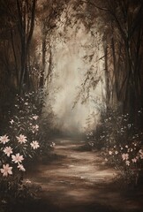 A vintage oil painting of an enchanted forest, with a soft mist and delicate flowers scattered throughout the scene