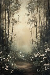 A vintage oil painting of an enchanted forest, with a soft mist and delicate flowers scattered throughout the scene