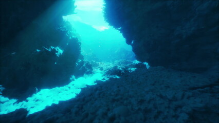 A breathtaking underwater scene reveals a hidden passage with coral formations illuminated by sunlight filtering through water, showcasing marine beauty and tranquility.