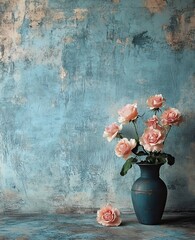 A wall painted with distressed paint, roses in a vase on the floor