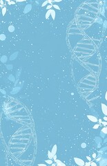 A stylized white outline of a DNA double helix structure twists vertically on a soft blue background, surrounded by scattered small bubbles or particles resembling an underwater or cosmic scene