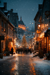 Naklejka premium Festive crowd gathers around a glowing Christmas tree on a snowy cobblestone street in a historic city at dusk