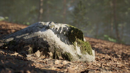 A rock partially covered in moss rests on the forest floor surrounded by scattered leaves. Sunlight filters through the trees, creating a peaceful natural atmosphere.