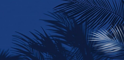 Blue background with palm tree shadows, shadow play, minimalist, dark blue, pastel colors
