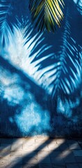 Blue background with palm tree shadows, shadow play, minimalist, dark blue, pastel colors,