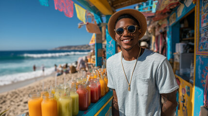 Young man wearing sunglasses and hat smiles at the camera in front of a beachside juice stand with colorful drinks and ocean in the background