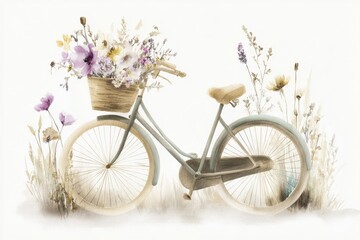Watercolor illustration in cottagecore style aesthetic: vintage-style bicycle with a front basket overflowing with wildflowers and soft meadow herbs. 