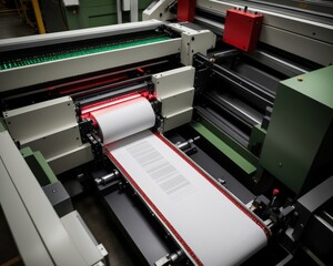 offset printing machine digital, high-angle shot looking down on a perfectly aligned stack of crisp white paper feeding smoothly into the automated feeder of an offset press, precise workflow.