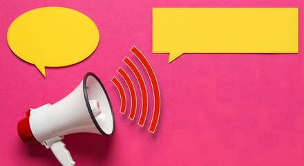 Megaphone with Speech Bubbles on Pink Background: Annoucement Concept