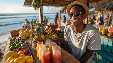 Tropical Refreshments Smiling Vendor at Beachside Juice Stand