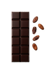 Obraz premium Pristine gourmet dark chocolate bar, rich brown, precisely scored segments, scattered cacao nibs, isolated on seamless transparent background, 45-degree overhead macro, clean studio lighting, concept