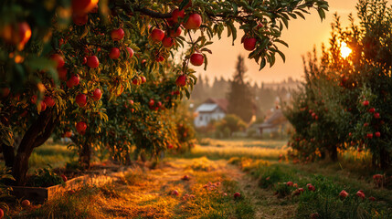 Golden hour glow illuminates a vibrant apple orchard, showcasing rows of ripe, red fruits ready for harvest in a peaceful rural landscape, capturing the essence of a bountiful season
