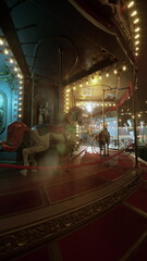 Obraz premium A derelict carousel stands motionless, bathed in the glow of lights amid the silent night of a forgotten amusement park.