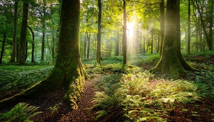 Obraz premium A Breathtaking Forest Scene Sunlight Bursts Through The Trees Illuminating The Leaves Below Great For Wallpaper Or Artistic Prints