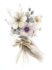 The hand and bouquet in soft watercolor textures with subtle color gradients. Wildflowers. Cottagecore aesthetic. White background. Watercolor illustration 