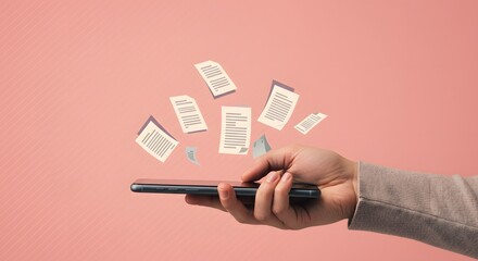 Mobile Document Management: Hand Holding Phone with Floating Documents
