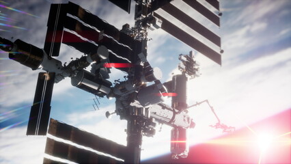 Close up ISS flying over Earth globe atmosphere Elements of this image furnished by NASA