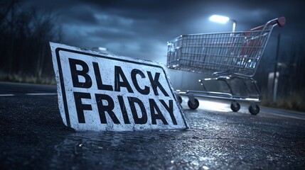 Shopping frenzy on Black Friday with abandoned cart and sale sign in dark urban setting