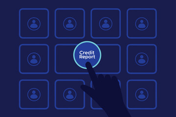 Finger presses credit report button surrounded by user icons on dark blue background hand pressing