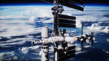 incredible perspective of the sun-kissed space station viewed from a spacecraft in its orbit. Elements of this image furnished by NASA