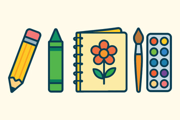 Collection of art supplies including pencil crayon notebook paintbrush and watercolor palette