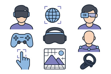 Collection of modern virtual reality technology and gaming icons on white background