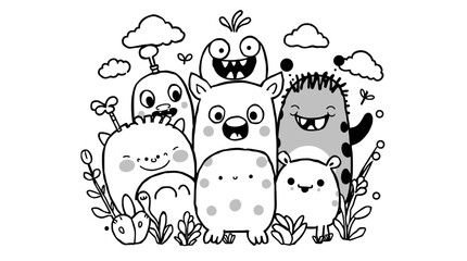 A whimsical gathering of cartoon monsters with various shapes and expressions, surrounded by clouds and foliage.