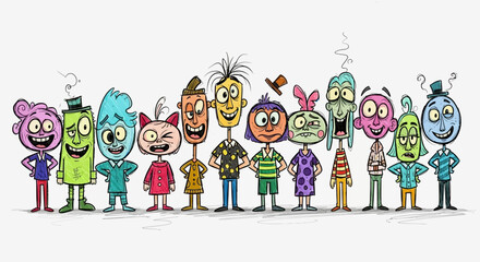 A colorful group of cartoon characters with diverse appearances standing in a row against a white background.