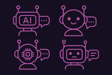 Four stylized robot avatars with speech bubbles representing ai and communication concepts
