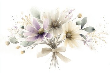 Cottagecore aesthetic. A close-up wildflower bouquet tied to a wrist with a soft bow, painted in gentle watercolor with transparent washes. Watercolor illustration isolated on pure white background. 