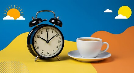 Morning Coffee and Alarm Clock on Colorful Background