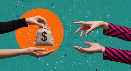 Money Transfer Concept: Hands Exchanging a Bag of Dollars