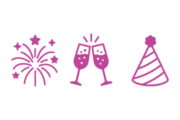 Celebration icons featuring fireworks toasting glasses and party hat in pink
